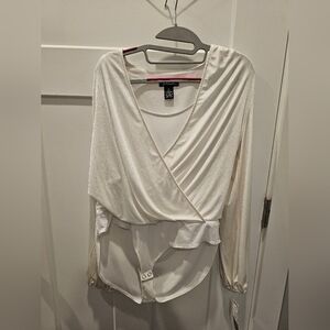 Prelude NWT Women’s Wrap Bodysuit Blouse Taupe Silver Size L Surplice Long Sleev